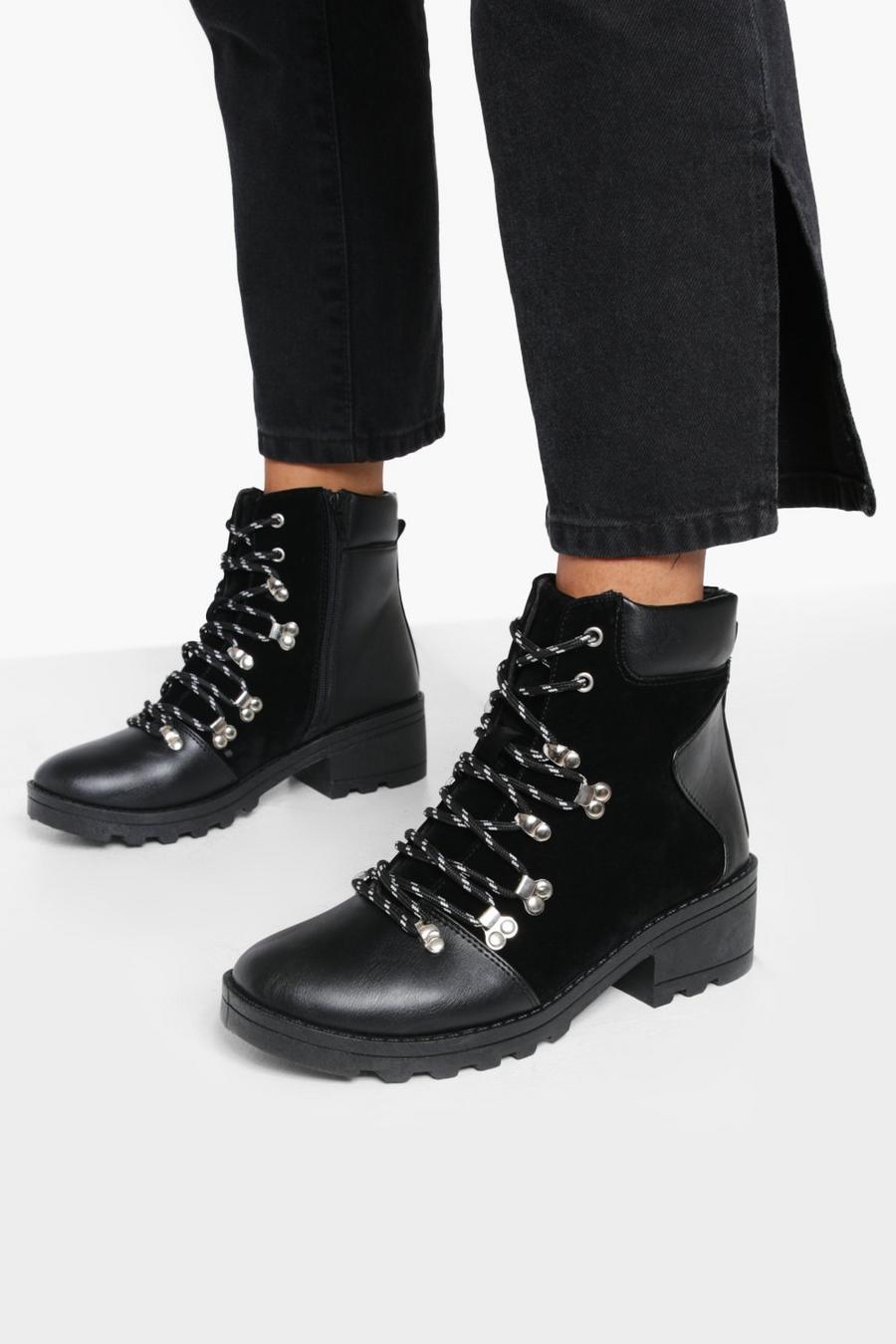 Black svart Lace Up Chunky Hiker Boots image number 1
