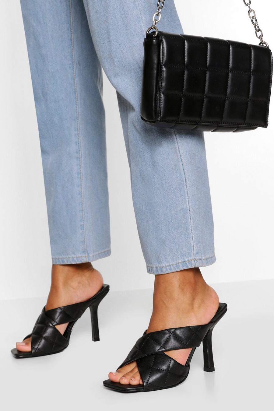 Black Quilted Cross Strap Square Toe Mules image number 1