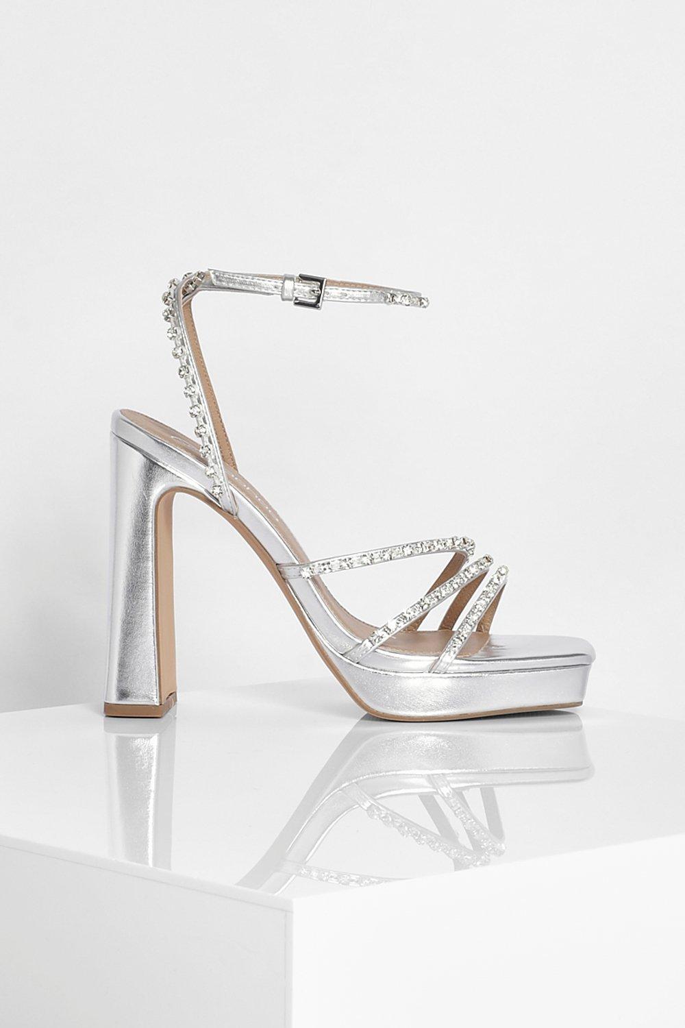 Silver strappy platform store heels