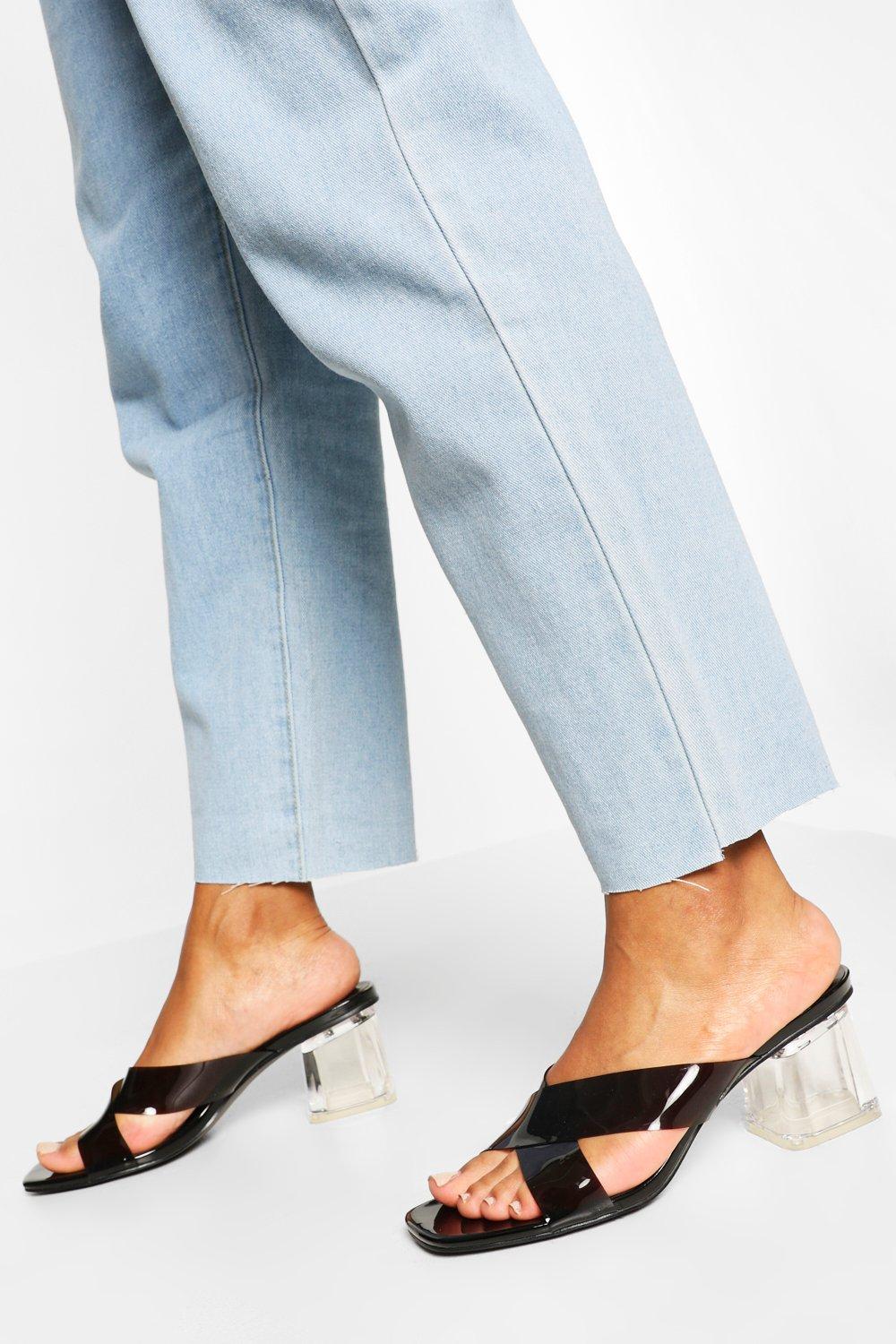clear strap low block heels