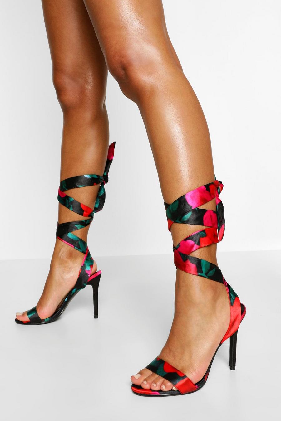 Zapatos de dos piezas con tacón stiletto, estampado de flores y tiras cruzadas image number 1