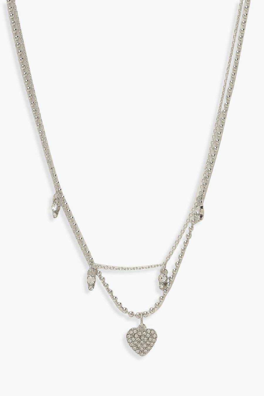 Silver Diamante Heart Layered Chain Choker image number 1