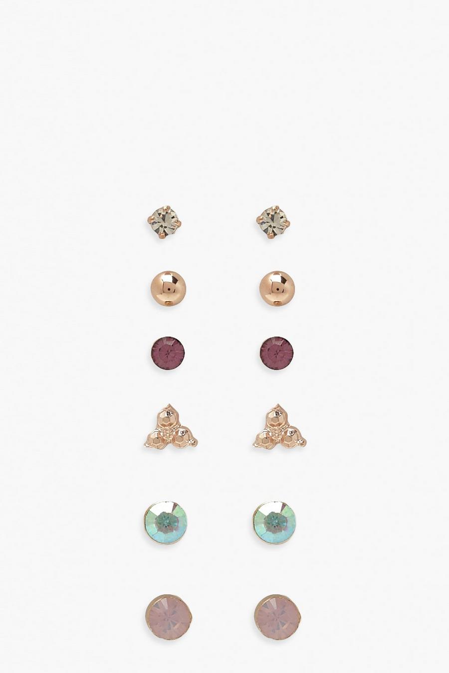 Gold Multi Stud And Diamante 6 Pack Earrings image number 1