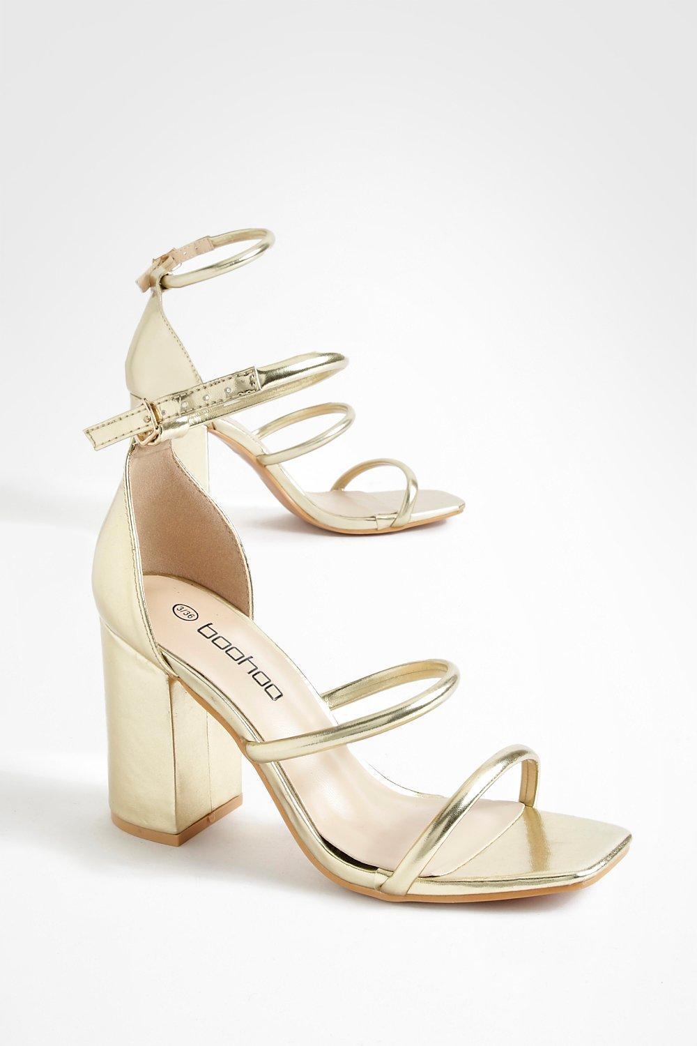 Three strap hotsell gold heels