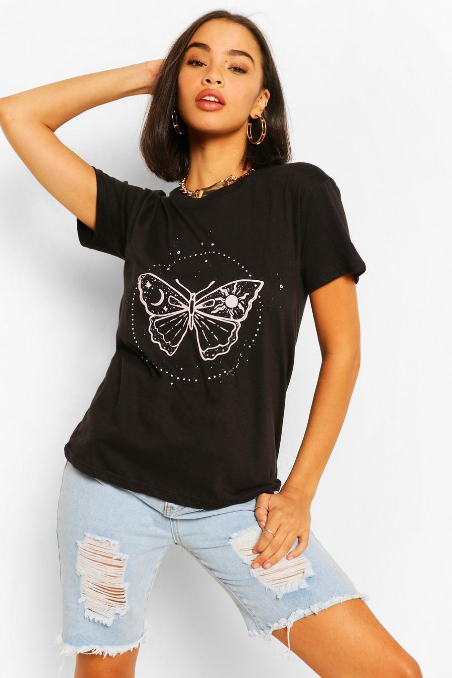 T-Shirt mit Design von Schmetterlingen am Himmel, Schwarz image number 1