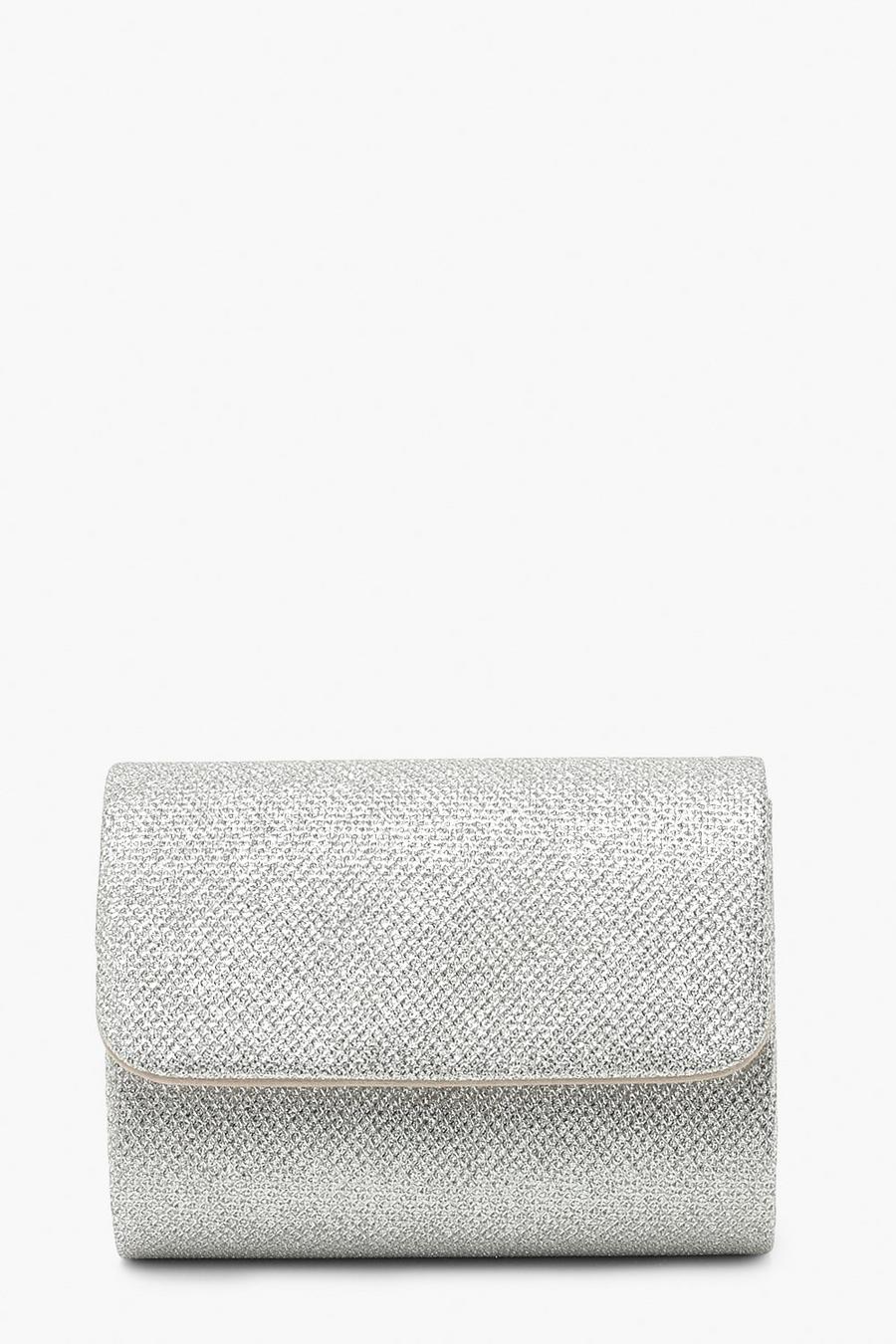 Silver Structured Metallic Clutch Bag & Chain image number 1