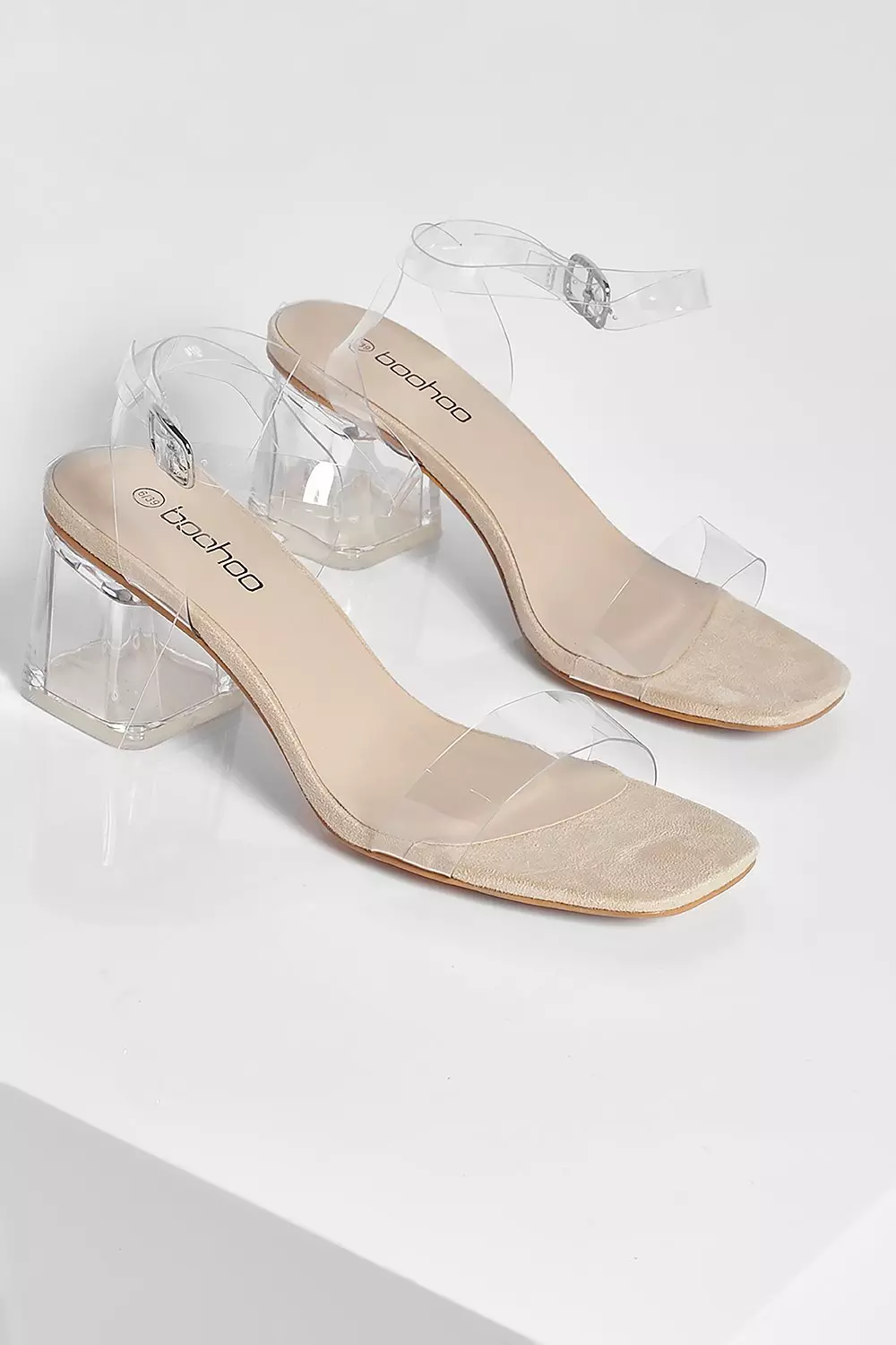 Boohoo barely there block shop heel sandals in clear