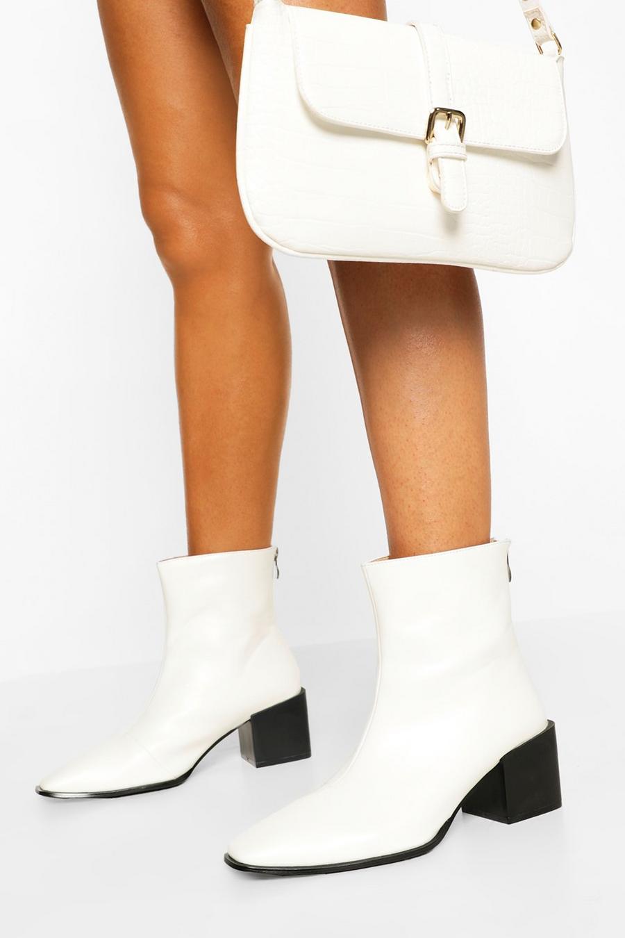White Wide Fit Square Toe Block Heel Shoe Boot image number 1