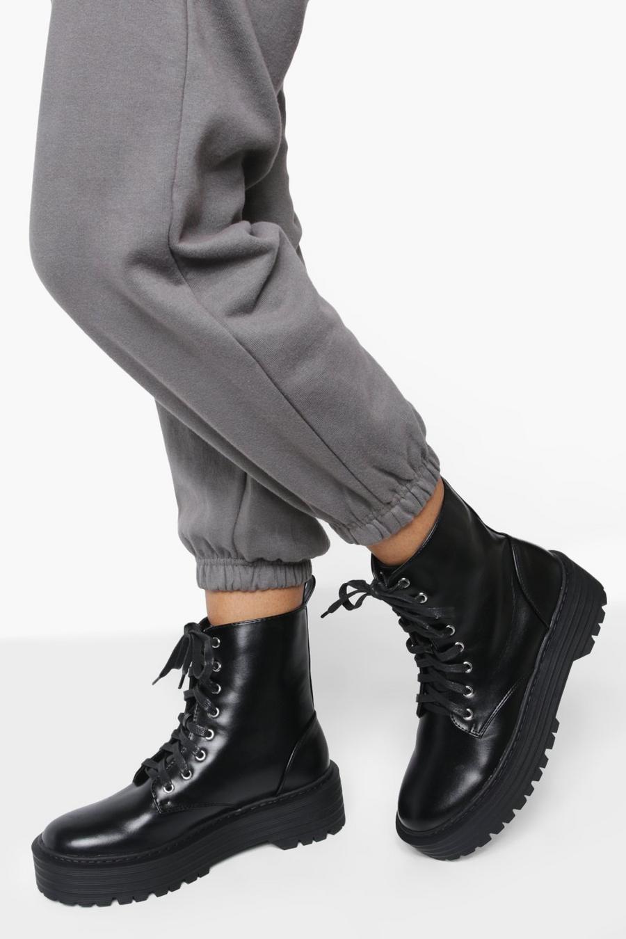 Black Lace Up Chunky Hiker Boots image number 1