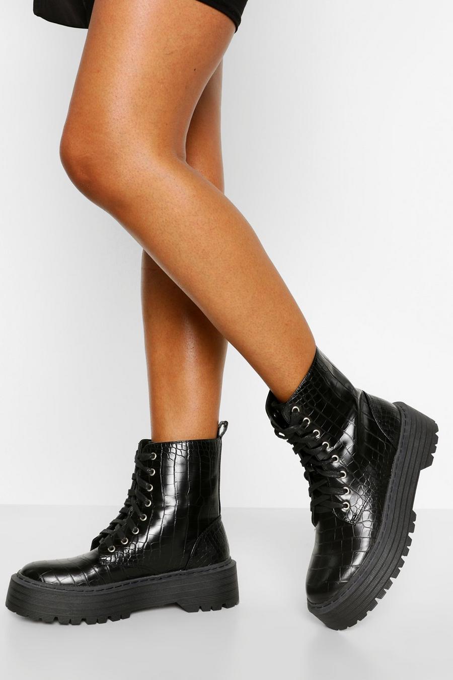 Black Croc Lace Up Chunky Hiker Boots