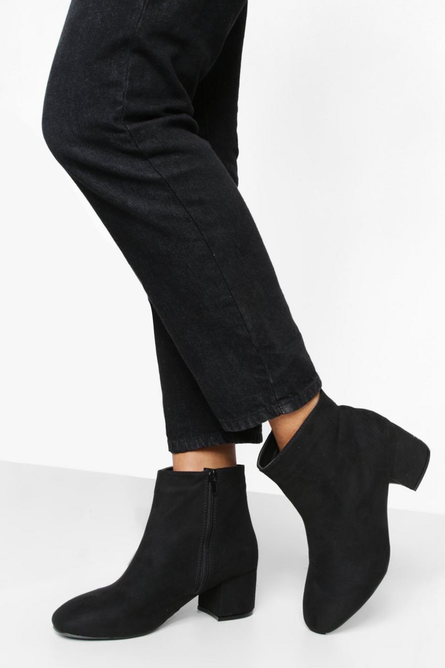 Black svart Wide Fit Low Block Heel Shoe Boots