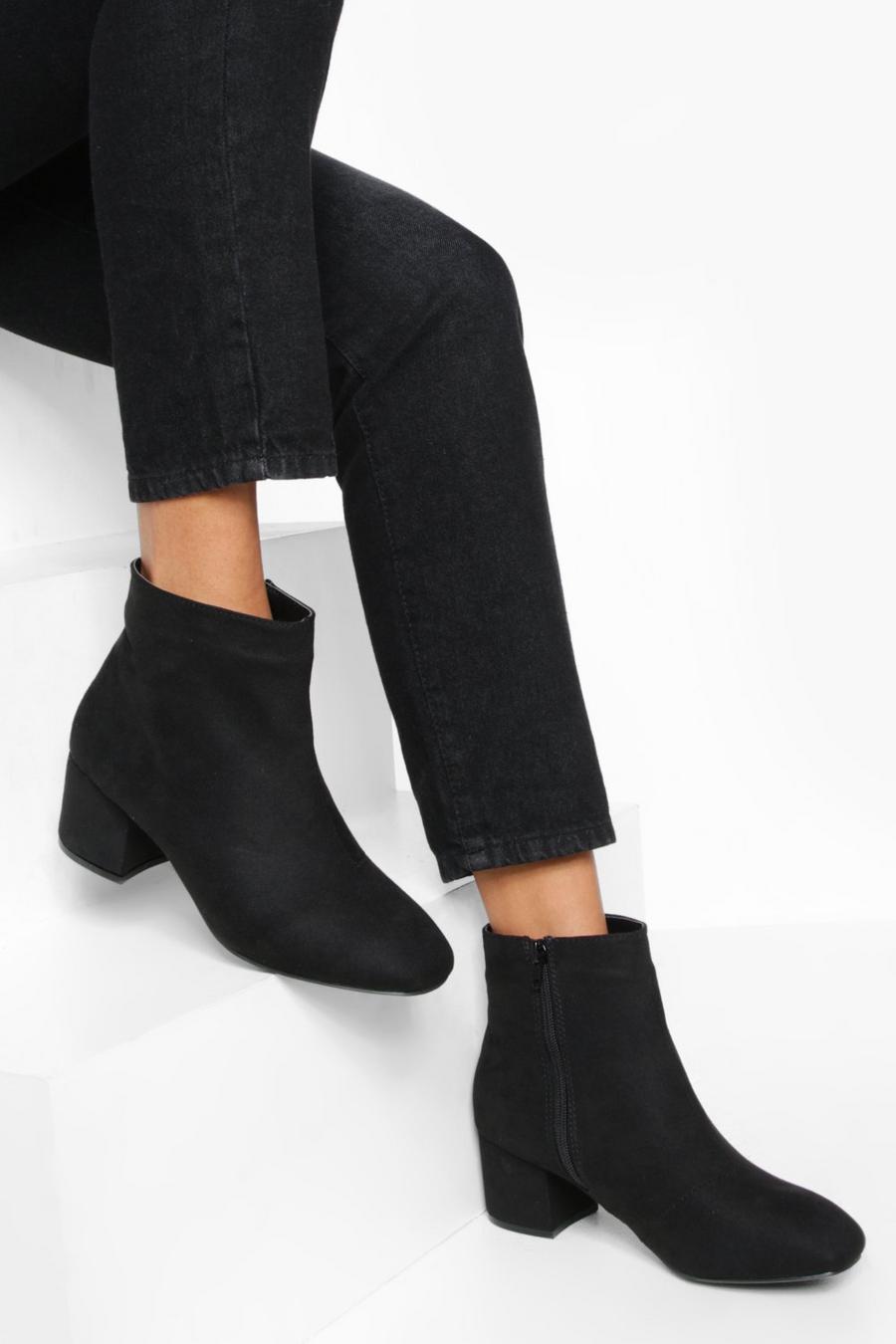 Black svart Low Block Heel Shoe Boots