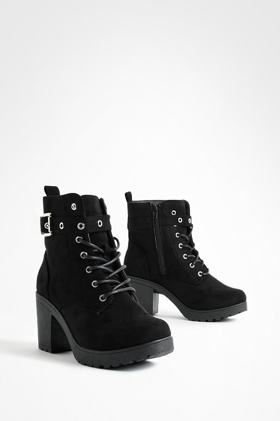 Black Wide Width Buckle Lace Up Chunky Combat Boots