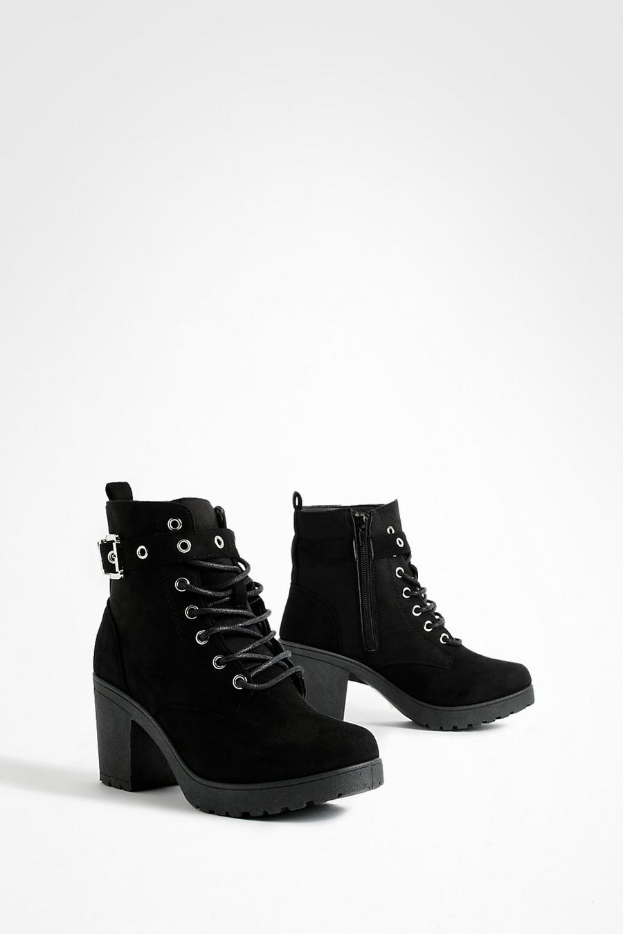 Black Buckle Lace Up Chunky Combat Boots