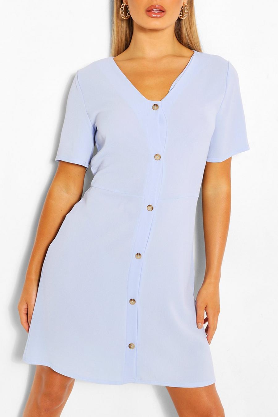 Blue Woven Button Through Shift Dress image number 1