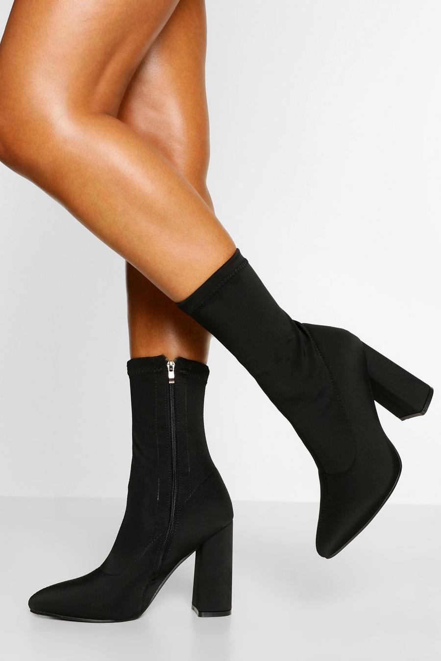 Black svart Wide Fit Pointed Block Heel Sock Boots image number 1