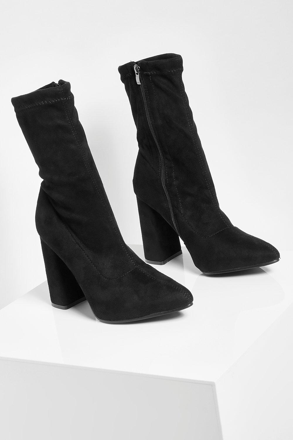 Wide Fit Suedette Pointed Block Heel Sock Boots Boohoo UK