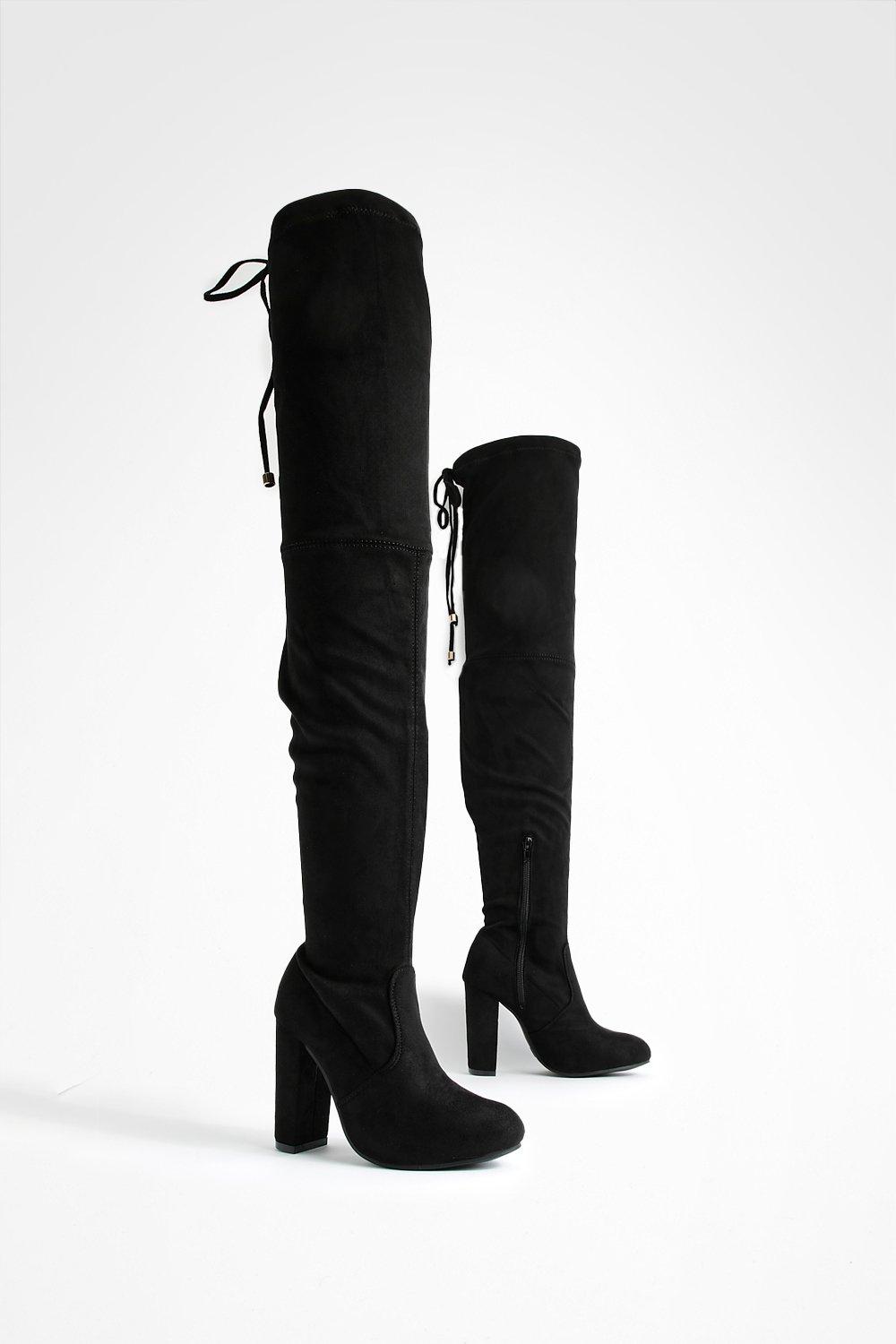 Wide Fit Block Heel Thigh High Boot | Boohoo UK