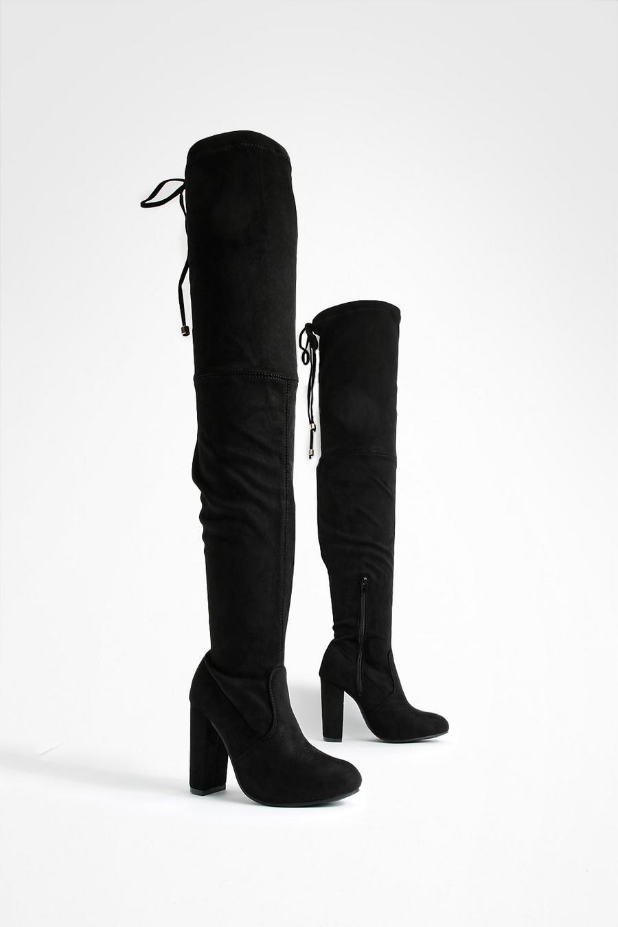 Black Wide Fit Block Heel Thigh High Boots