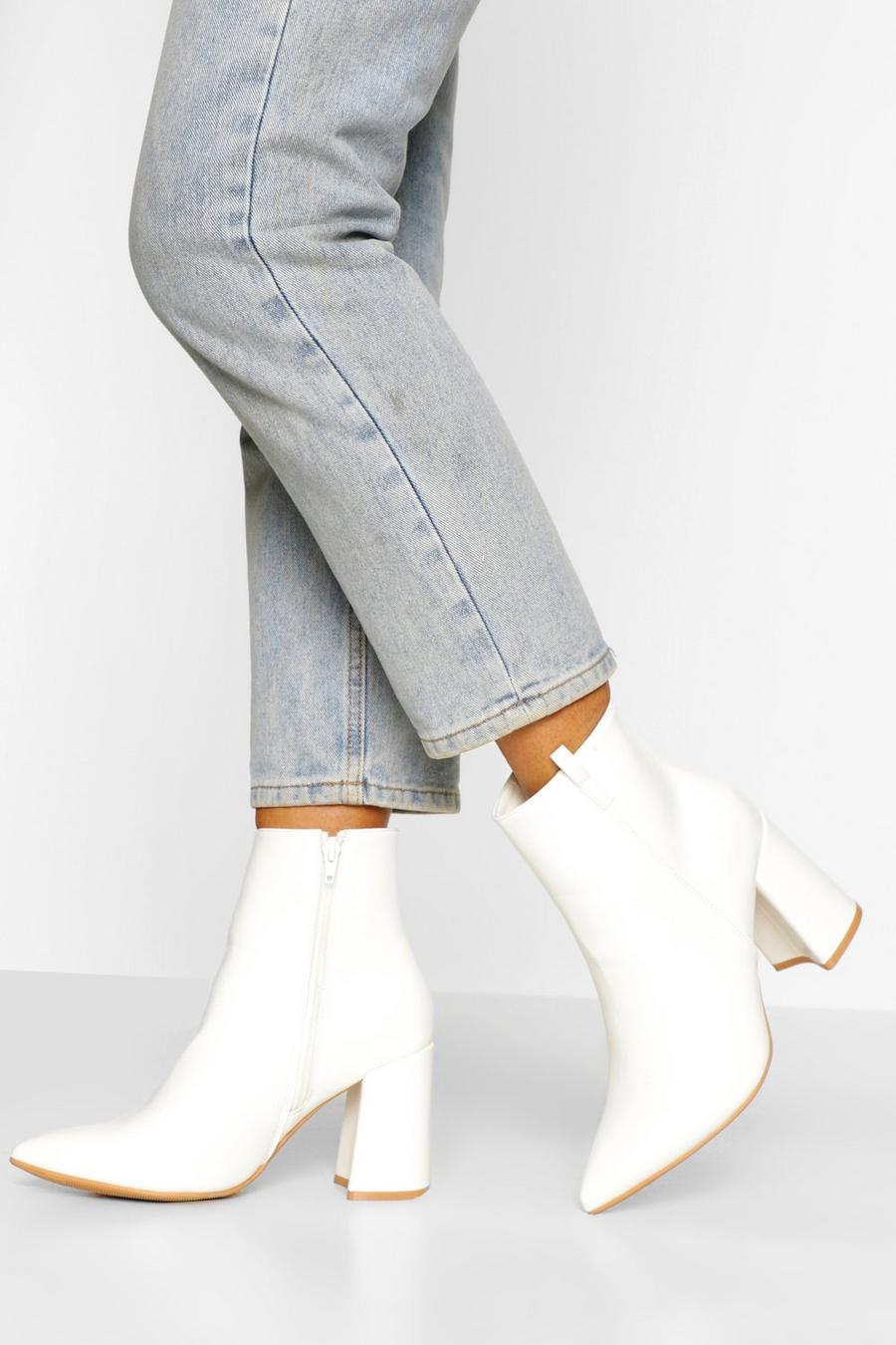 White Wide Width Pointed Block Heel Shoe Boot