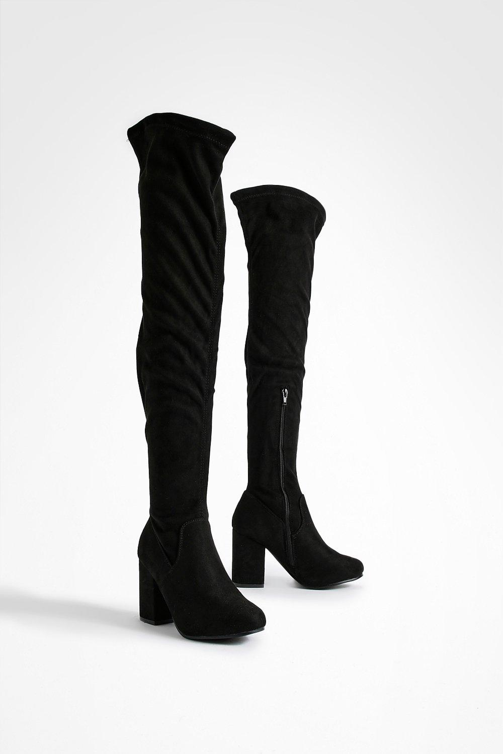 Wide Fit Stretch Block Heel Over The Knee Boots boohoo