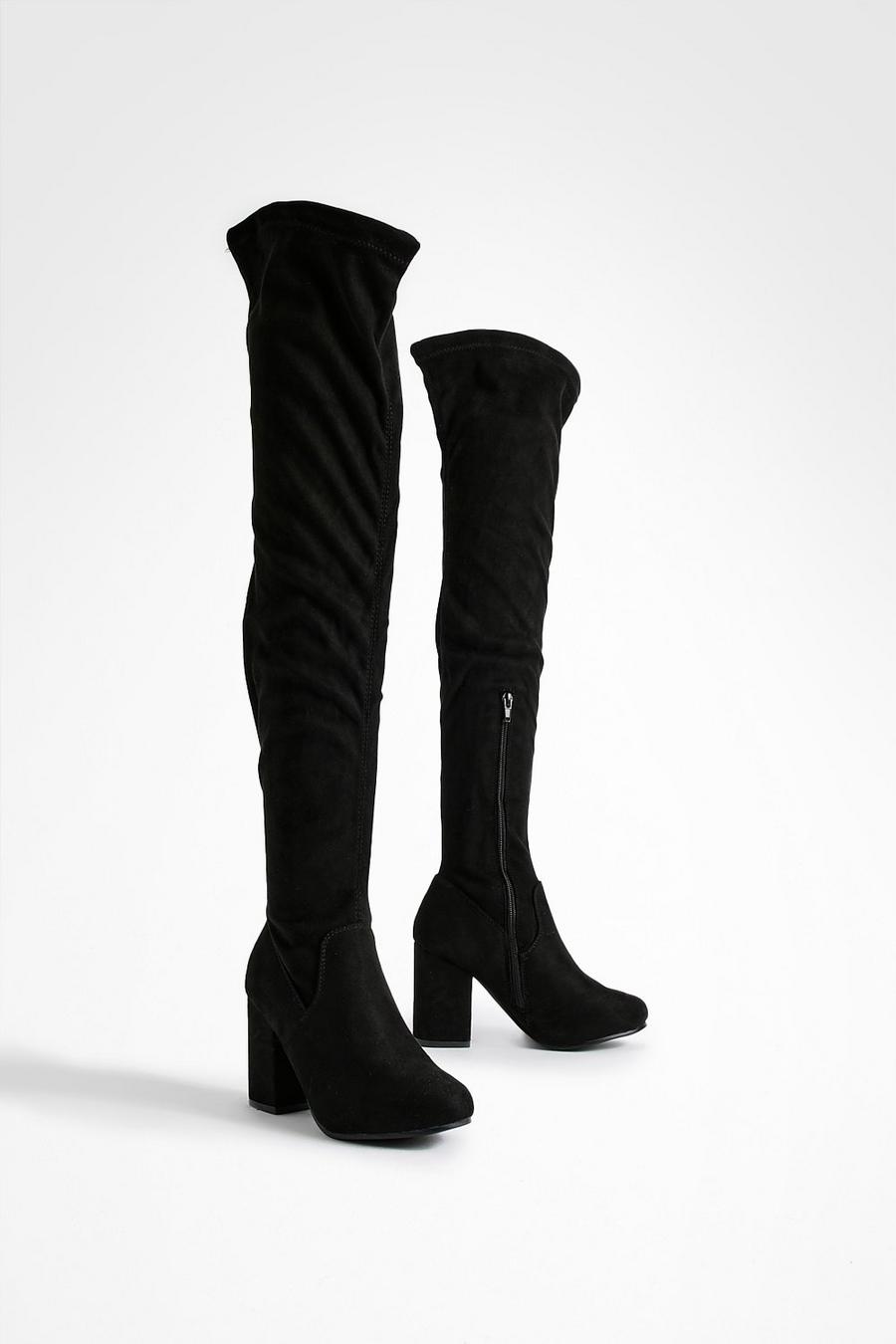 Black svart Wide Fit Stretch Block Heel Over The Knee Boots image number 1