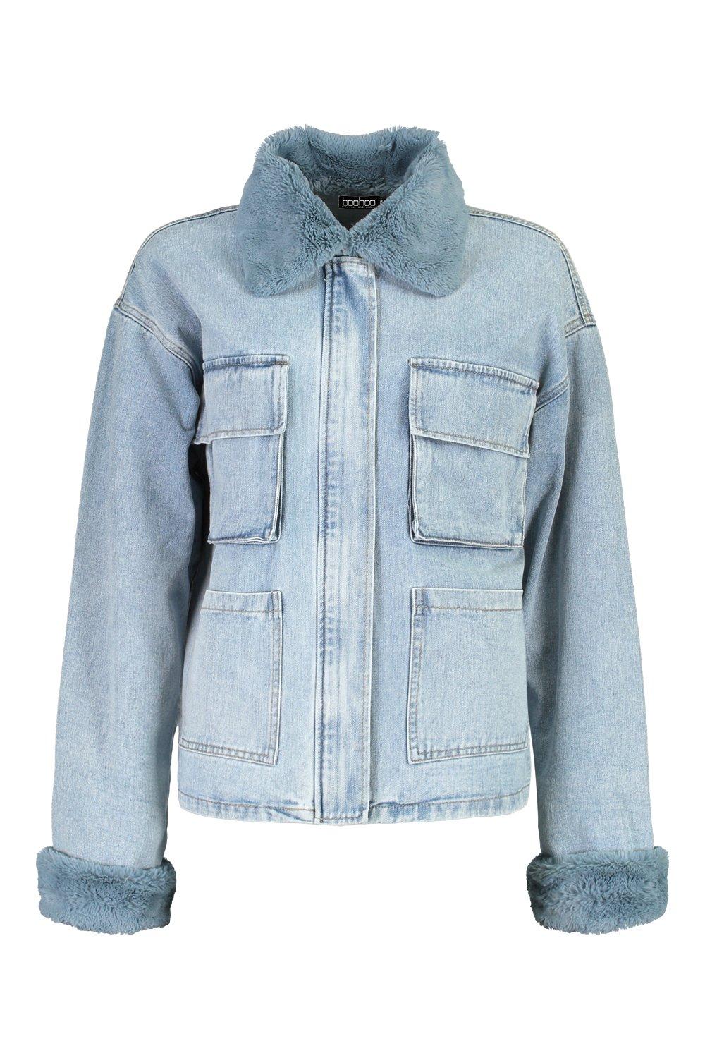 Blue denim fur jacket best sale