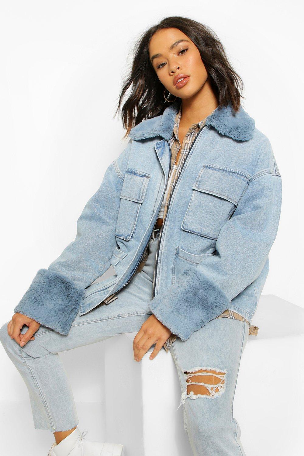 Denim Fur Collar Pocket Denim Jacket