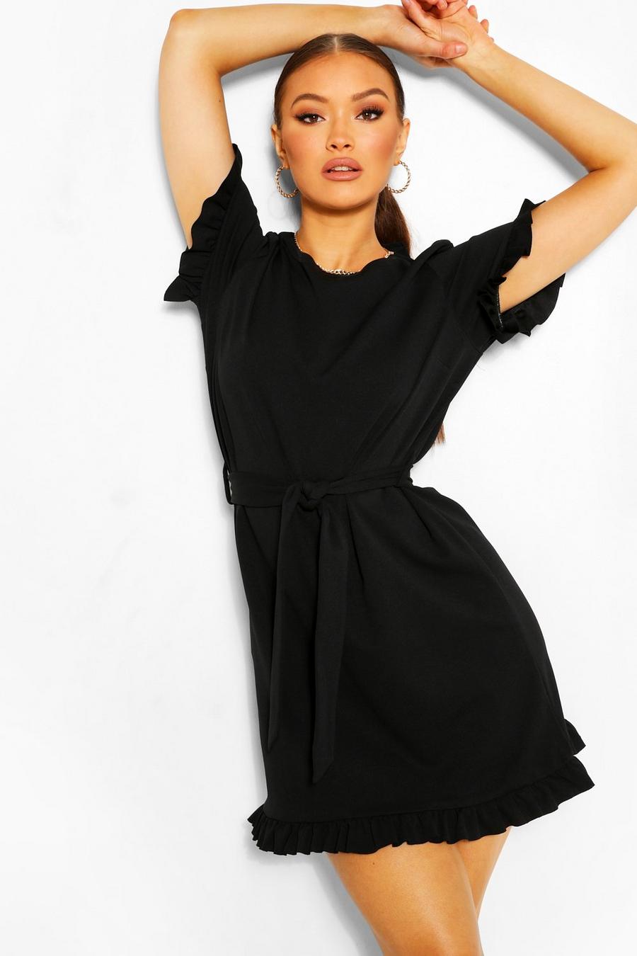 שחור שמלת שיפט קרפ עם חגורה ושרוול מלמלה image number 1