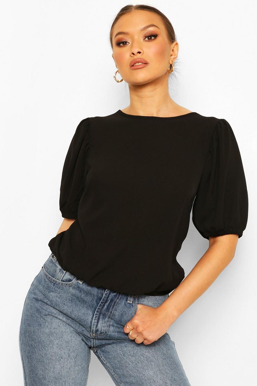 Black Woven Puff Sleeve Blouse image number 1
