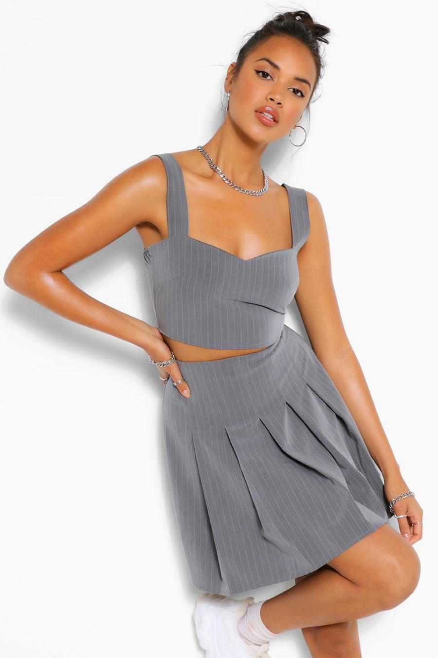Grey Pinstripe Pleated Mini Skirt image number 1