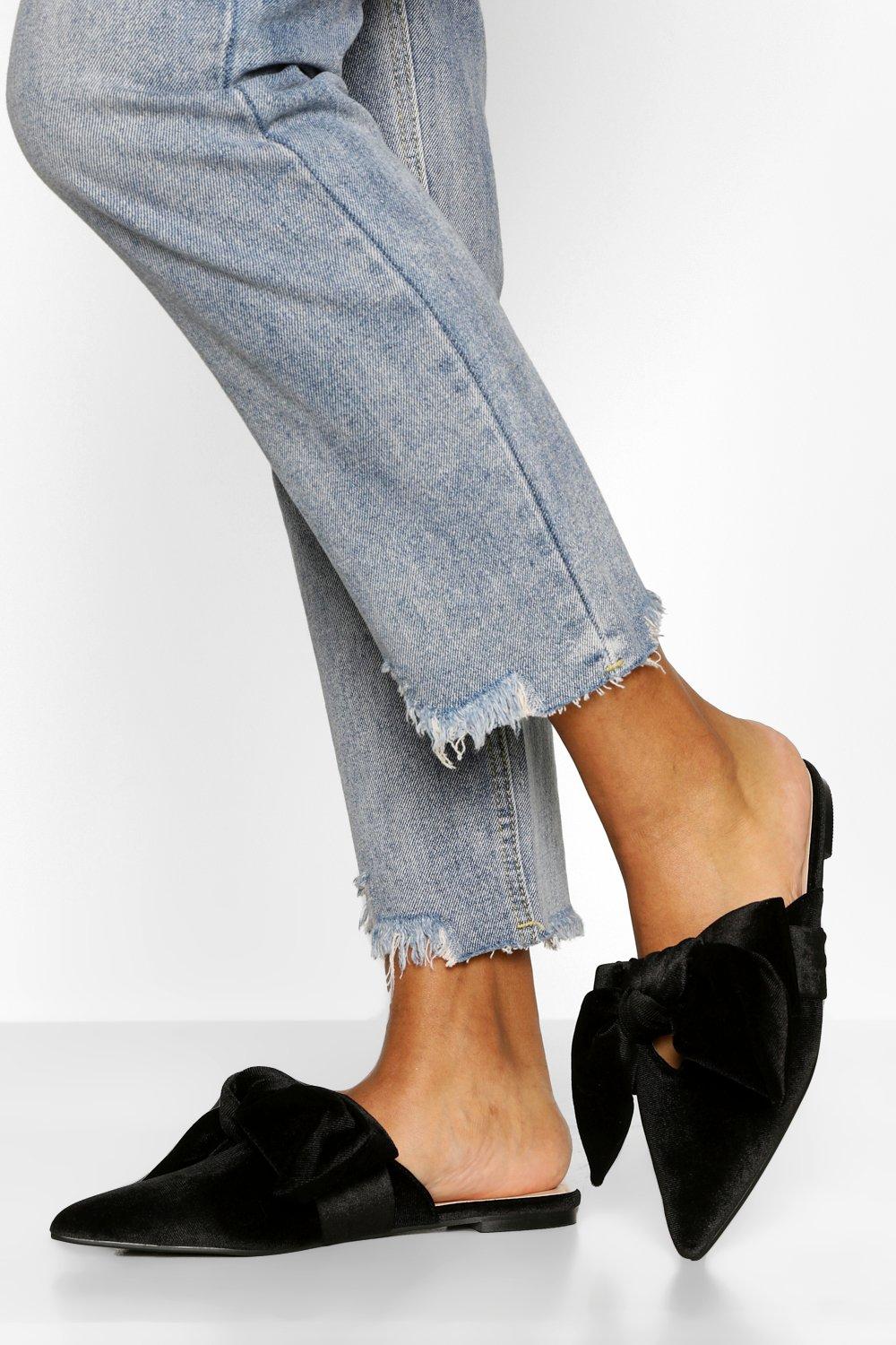 black flat mules with bow