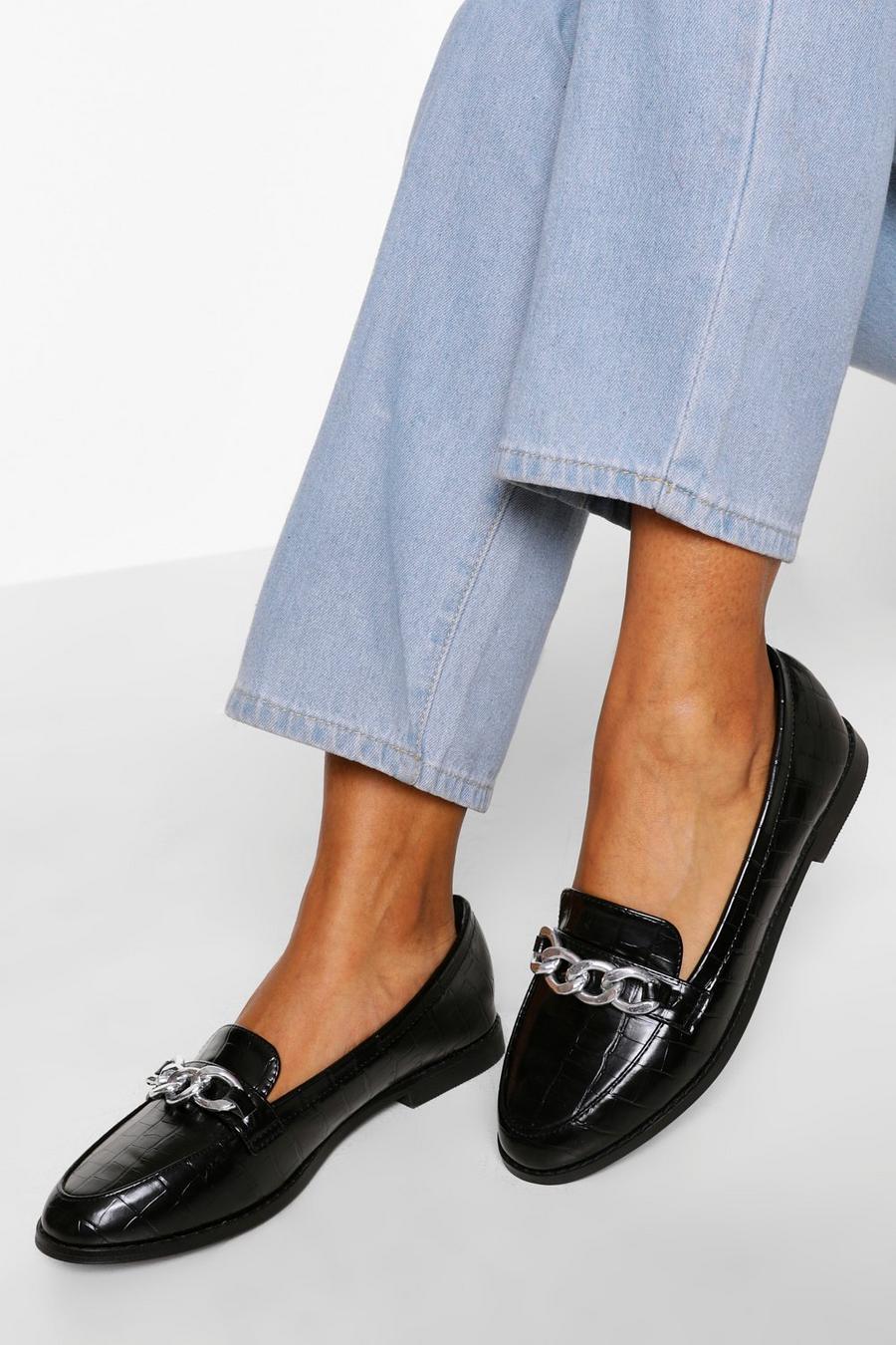 Black Croc Chain Detail Loafers image number 1