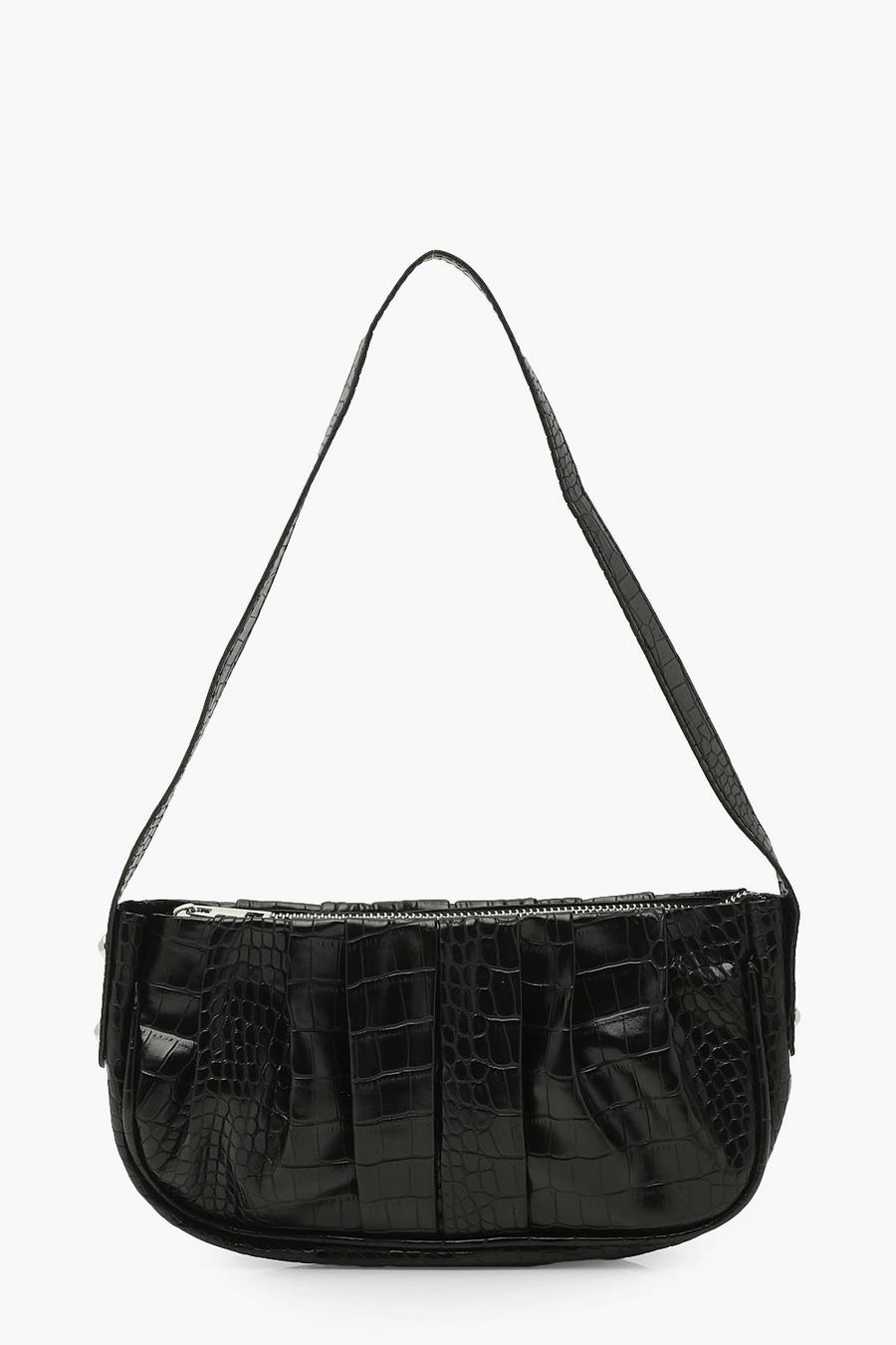 Black Handväska i PU med krokodilskinnseffekt och dekorativa veck image number 1