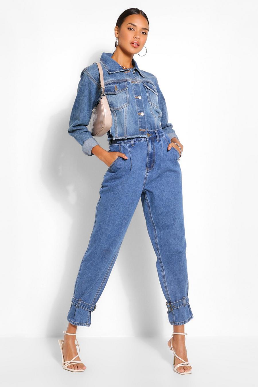 כחול ביניים ג'ינס בגזרת מאם אוברסייז עם אבזם במכפלת  image number 1