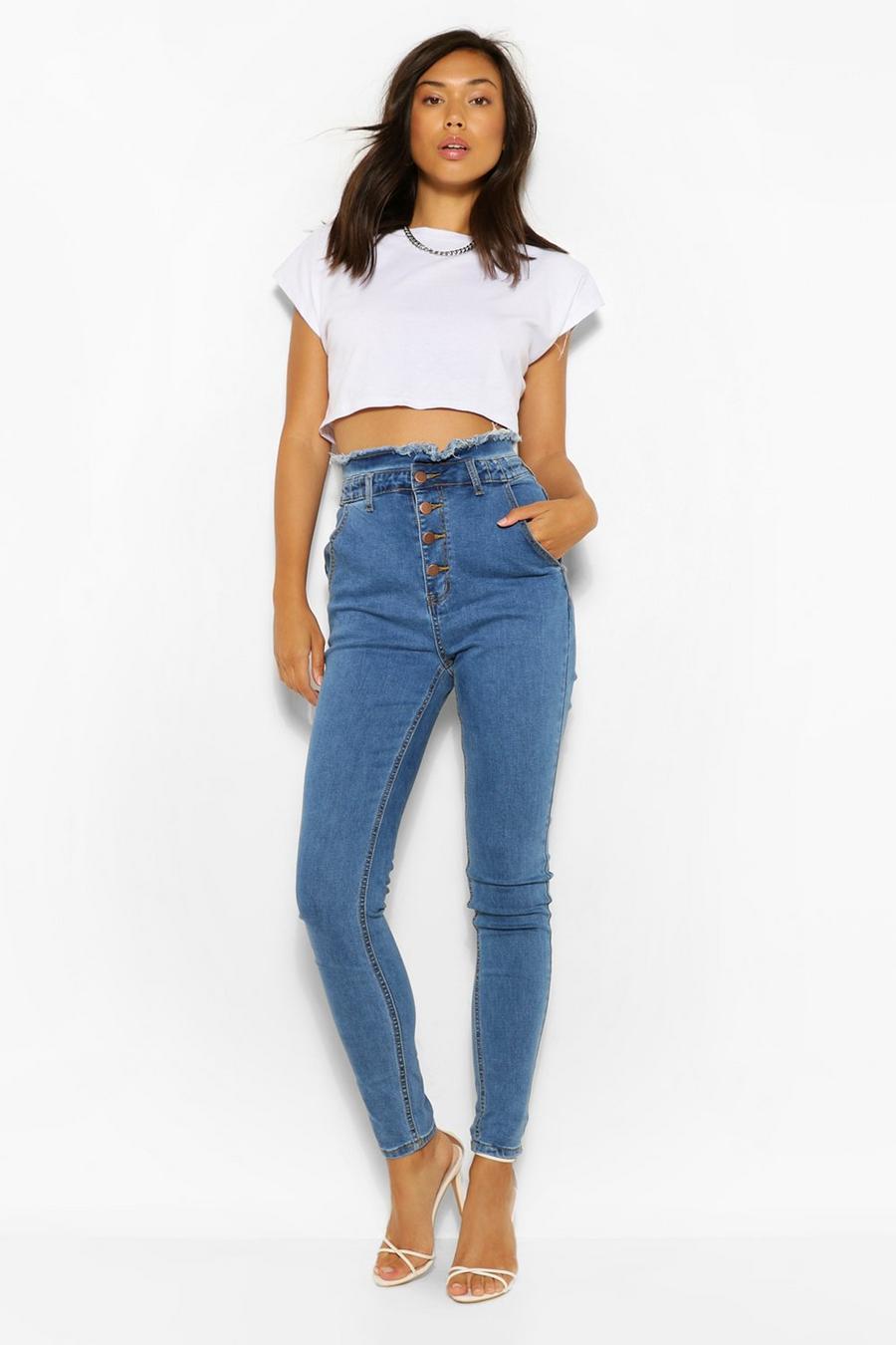 Mid blue Skinny jeans med paperbagmidja och fransig kant image number 1
