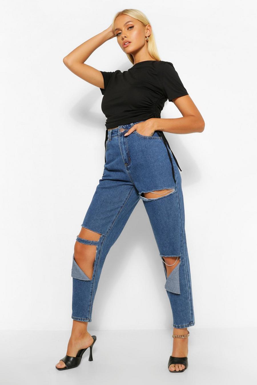 Blue Ripped Detail Mom Jeans image number 1