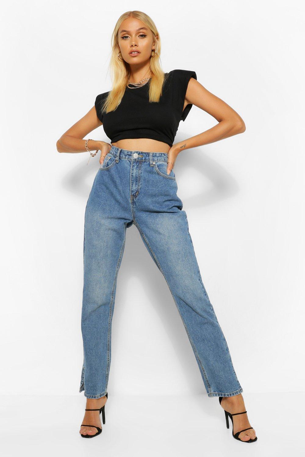 high rise split hem straight leg jean
