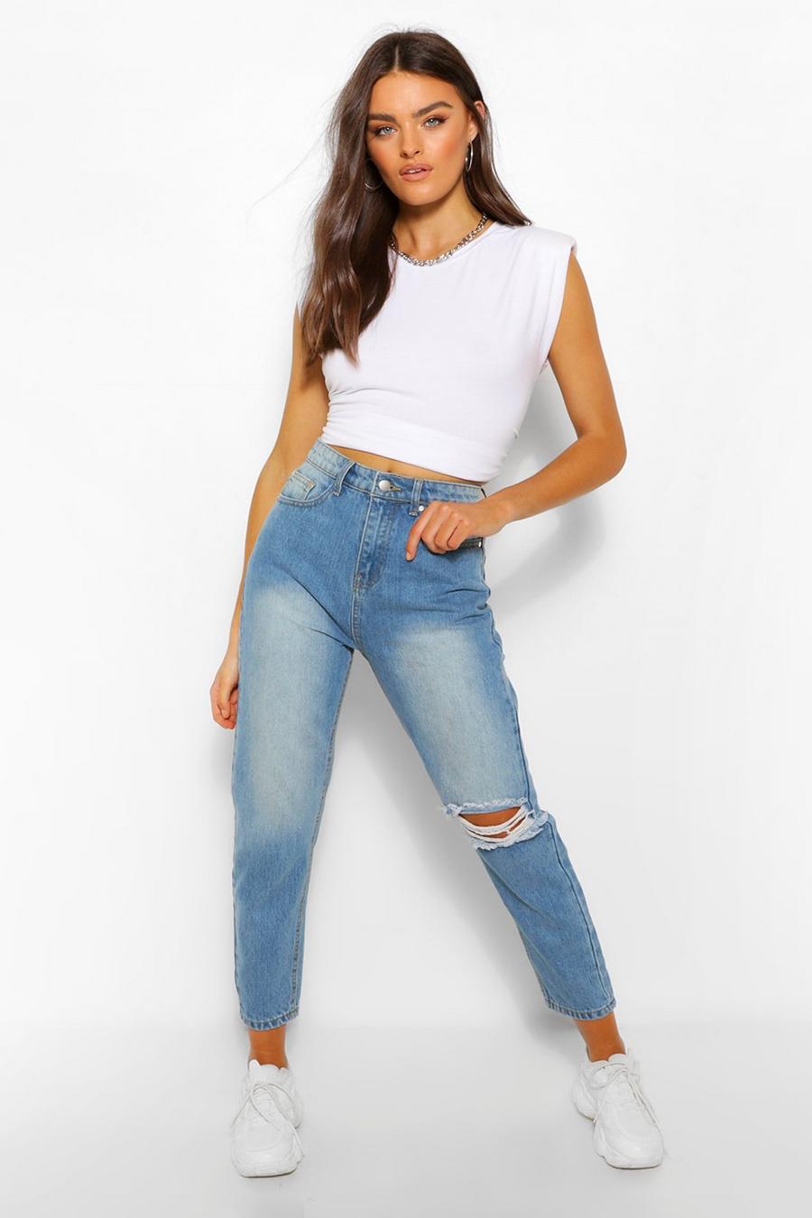 Mid blue Knee Rip Straight Leg High Waisted Jeans image number 1