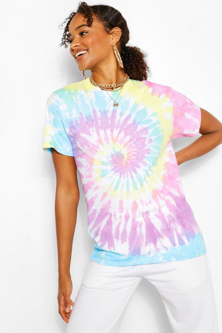 T-SHIRT OVERSIZE EFFETTO TIE DYE CON ARCOBALENO, Rosa image number 1