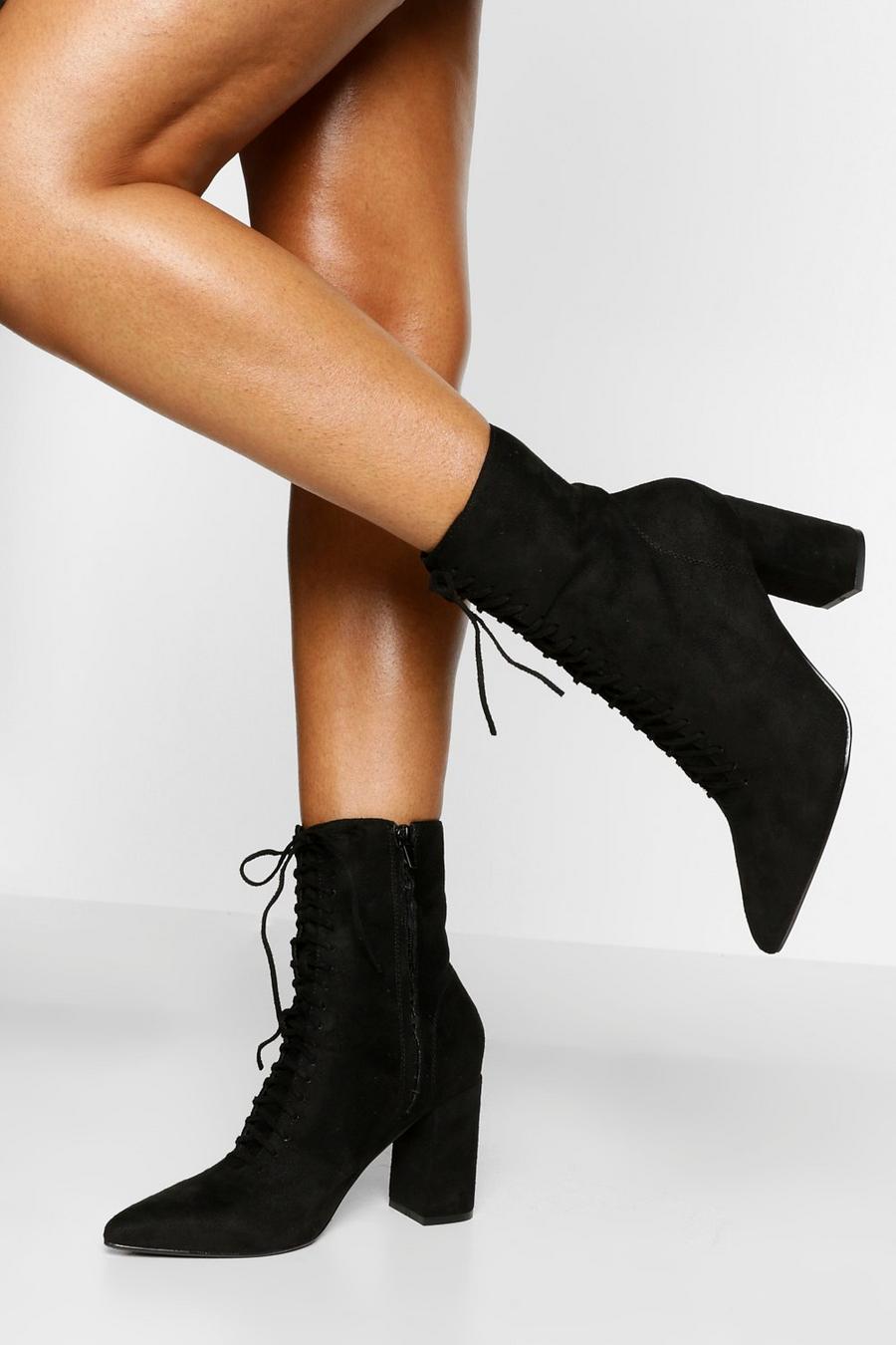 Black Lace Front Block Heel Sock Boot image number 1