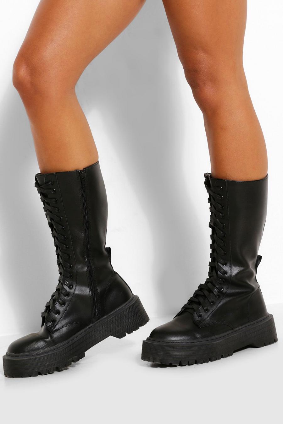 Black nero Lace Front Chunky Knee High Hiker Boots