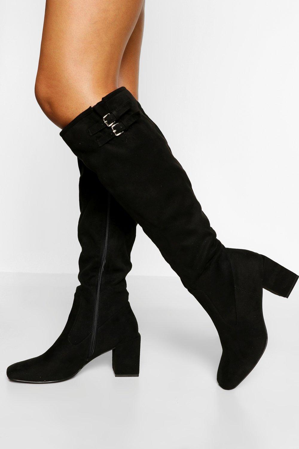 low block heel thigh high boots