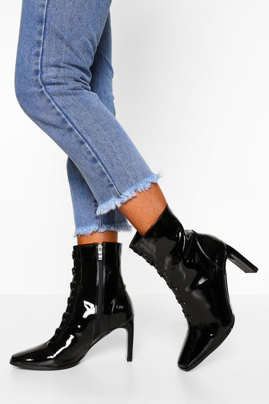 Black Lace Front Low Heel Shoe Boot image number 1
