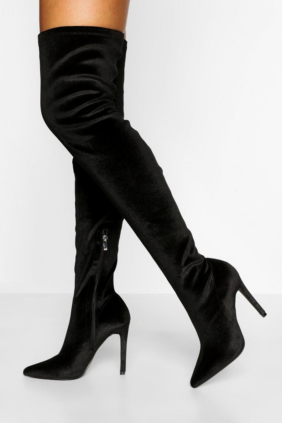 Black Velvet Stiletto Over The Knee Boots image number 1