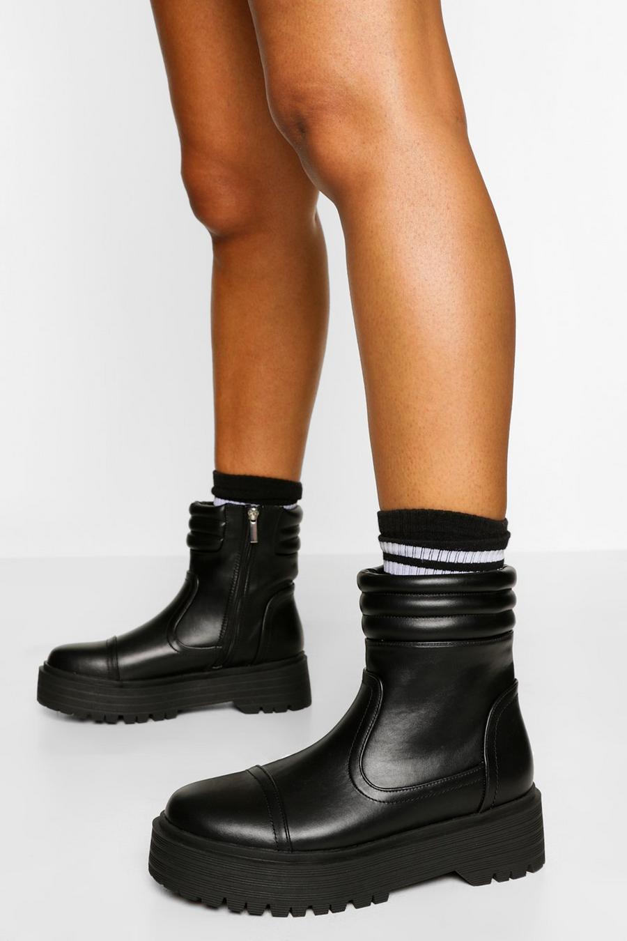 Black Padded Cuff Chunky Sole Combat Boots image number 1