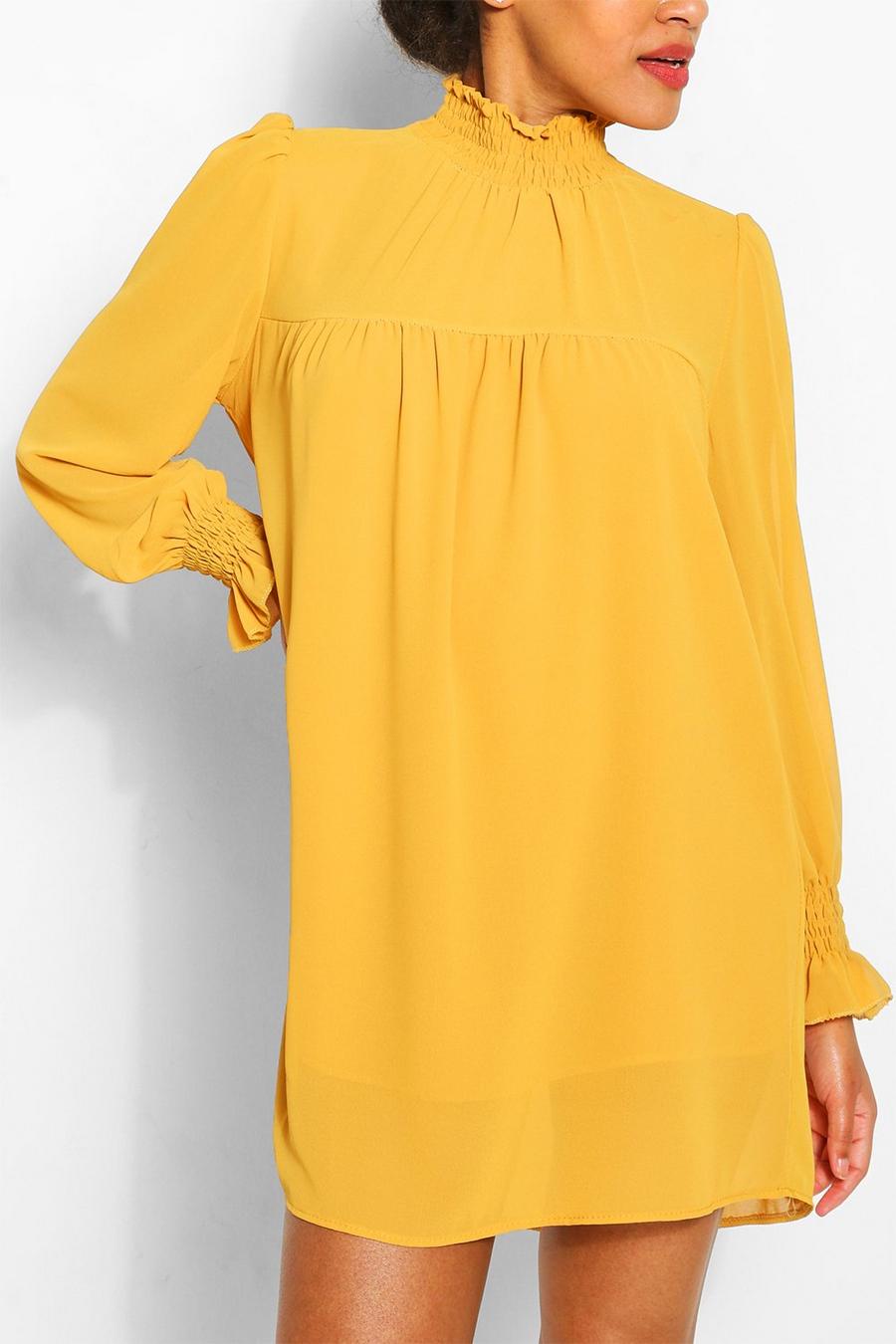 Skater-Kleid mit gesmoktem Ausschnitt, Senfgelb jaune image number 1