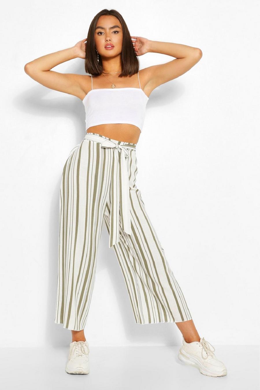 Khaki Striped Linen Tie Front Culottes image number 1