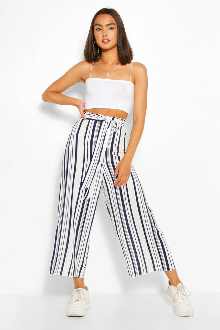 Navy marine Striped Linen Tie Front Culottes image number 1