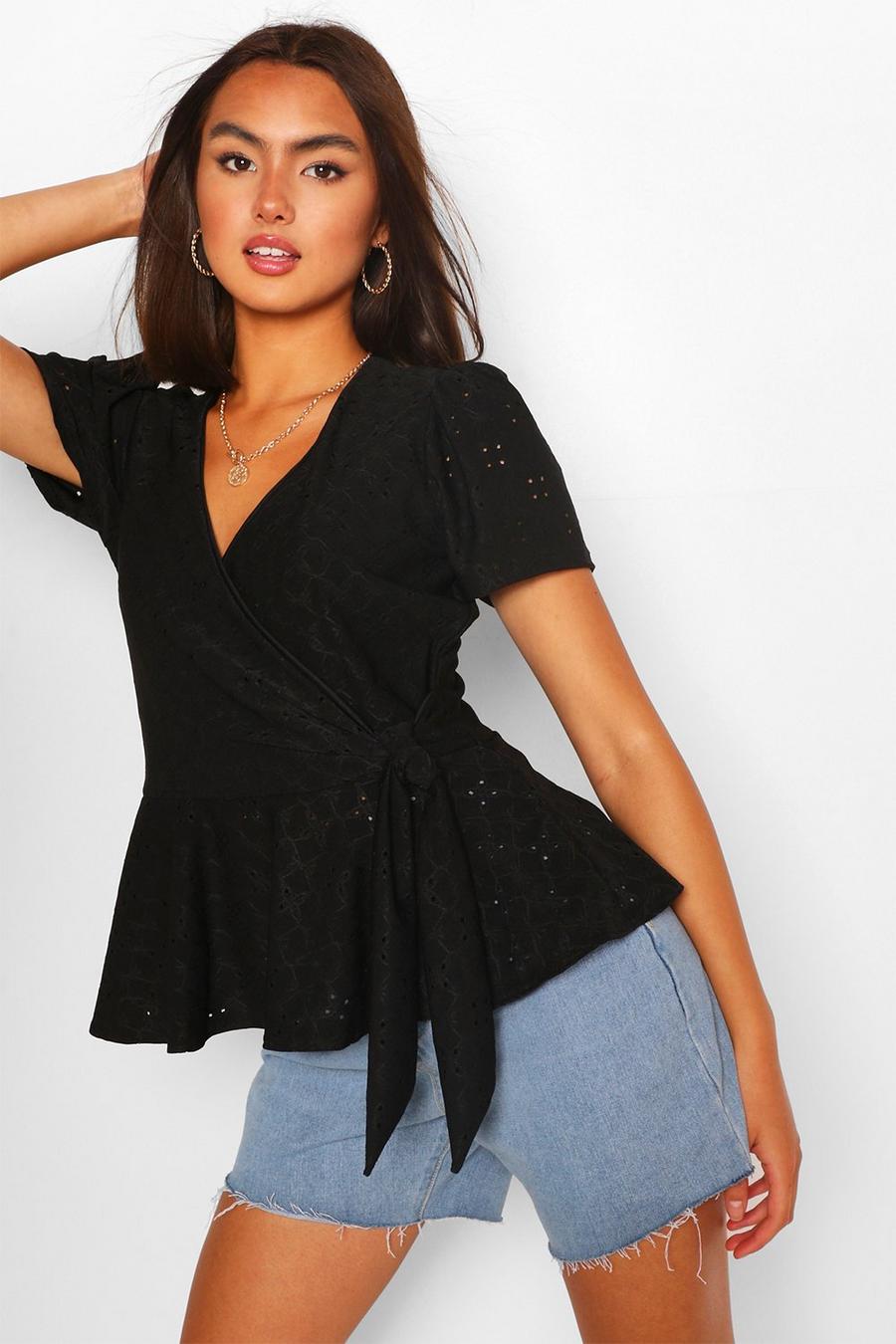 Women's Black Broderie Anglaise Wrap Top | Boohoo UK